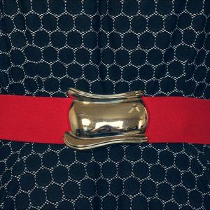 Vintage Red Elastic Belt with Gold Wave Buckle